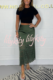 It's Your Night Solid Satin Lace Hem Midi Skirt