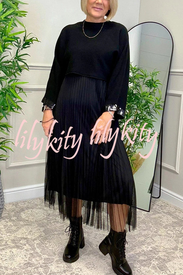 Fenna Ribbed Sequin Trim Batwing Sleeve Sweater and Pleated Tulle Stretch Tank Midi Dress Two-piece Set