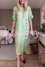 Ultra-comfortable Linen Blend Half Sleeve Front Button Detail Relaxed Pocket Midi Dress