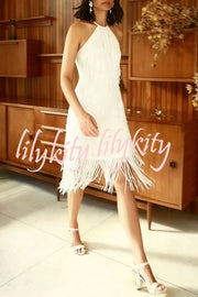 Sexy Sleeveless Halter Neck Tassel Sequin Mini Dress