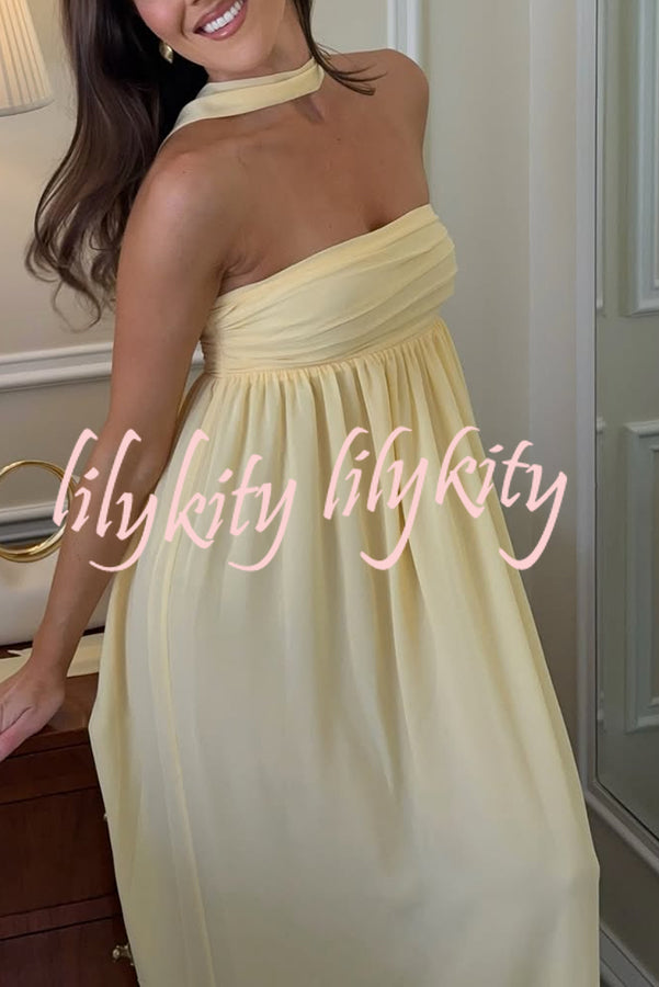 Butter Yellow Ruched Bust Off Shoulder Scarf A-line Maxi Dress