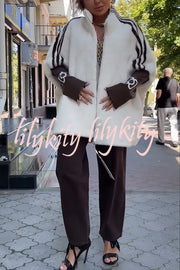Fashion Sports Stripe Print and Ribbed Embroidered Long Sleeve Zipper Stand Nack Pocket Plush Coat