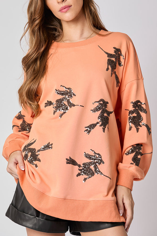 Halloween Witch Sequined Loose Casual Sweatshirt