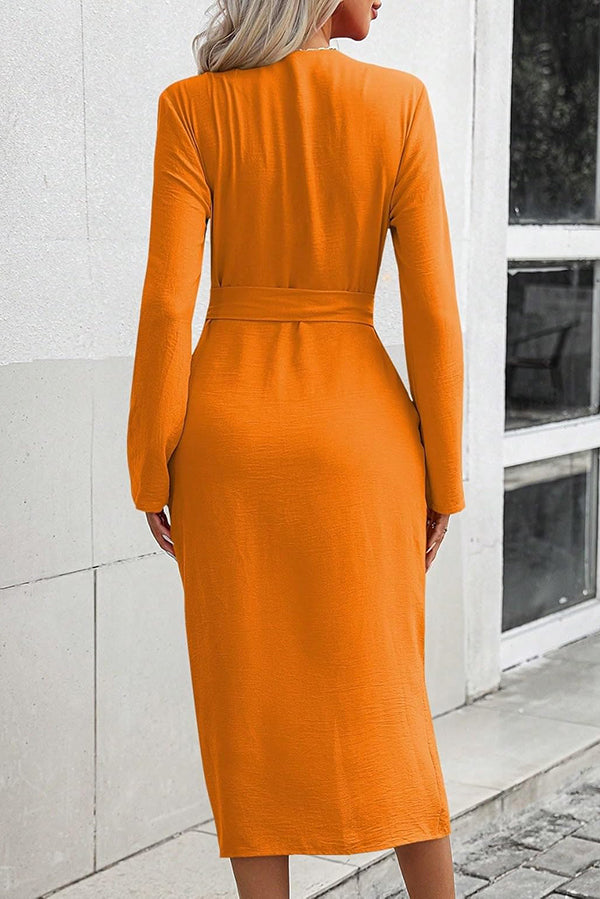 Solid Color Lapel Waist Lace-up Elegant Slit Midi Dress