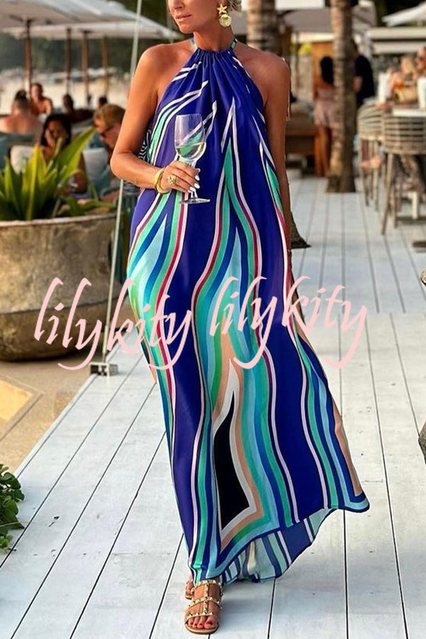 Phuket Dinner Colorful Wave Print Tassel Halter Maxi Dress