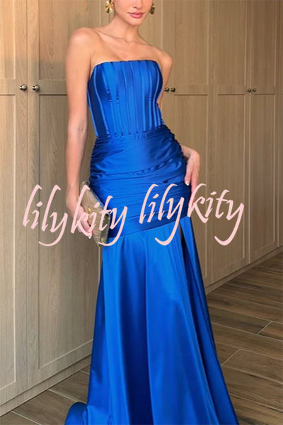 Feel Grand Satin Off Shoulder Corset Ruched Slit Maxi Dress