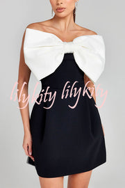 Eye-catching Satin Bow Applique Diamond Strap Contrast Pocketed Mini Dress