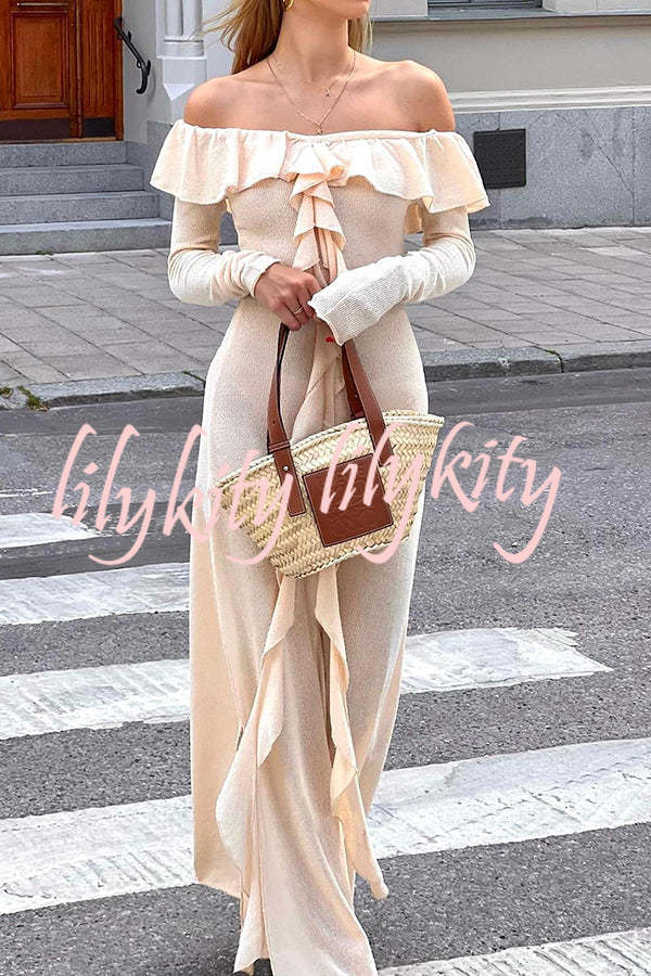 Darling Way Knit Off Shoulder Long Sleeve Drape Ruffles Slit Stretch Maxi Dress