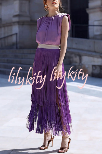 Elegant Tassel Hem Elastic Waist Casual Maxi Skirt