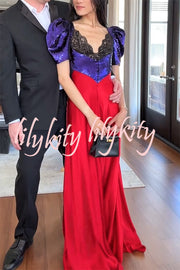 Like Snow White Sequin Lace Puff Sleeve Satin Hem Maxi Dress