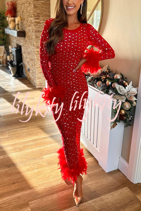 Sexy Long Sleeve Round Neck Feather Edge Rhinestone Decoration Slim Fit Maxi Dress