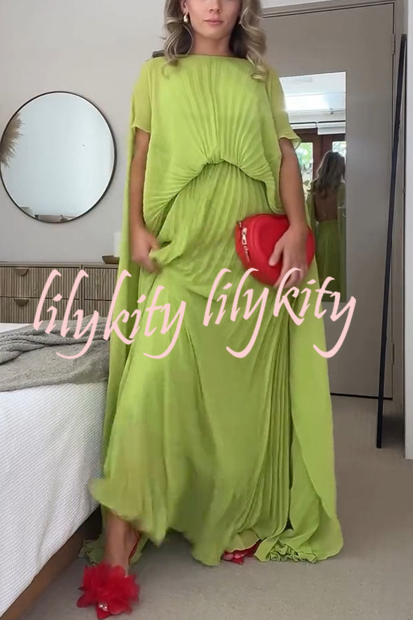 Spring Whispers Chiffon Pleated Wide Sleeve Volume Maxi Dress