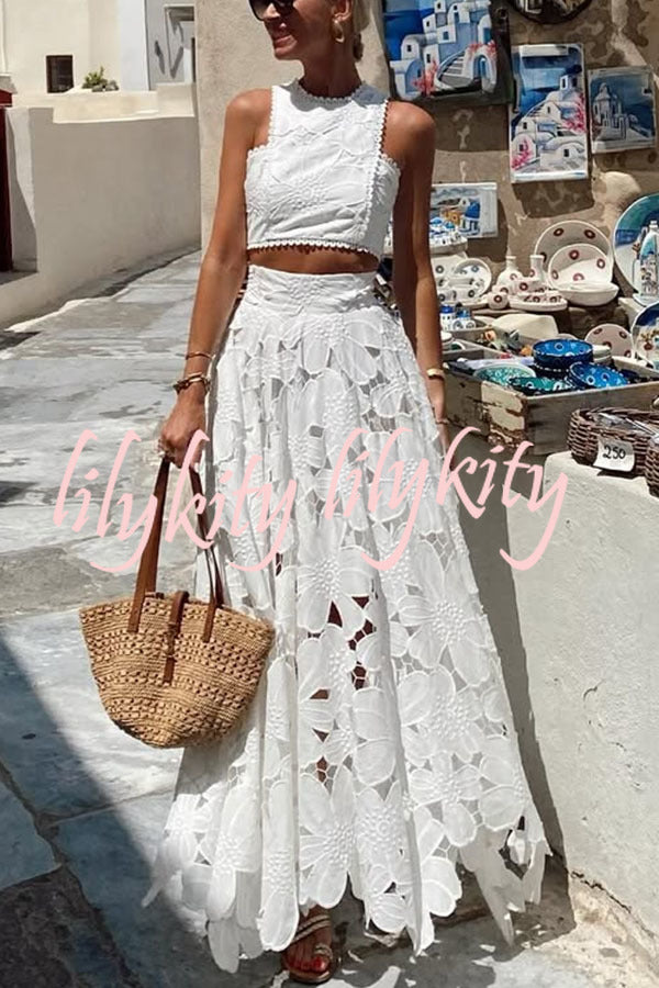 Next Trip Floral Embroidery Crochet Lace Crop Tank Top and Elastic Waist Pocket Maxi Skirt Set