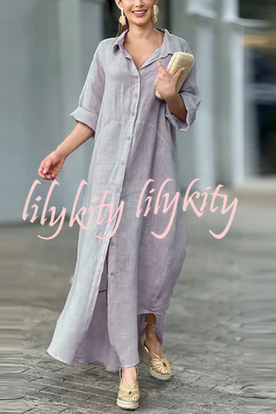 Linen Blend Solid Long Sleeve Buttoned Loose Shirt Style Maxi Dress