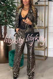 Mona Leopard Metallic Fabric Lapel Boyfriend Blazer and Elastic Waist Pocketed Loose Pants Set