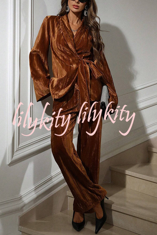 Solid Color Velvet Pleated Long-sleeved Tie Top and Casual Pocket Straight-leg Pants Set