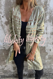 Fashionable Gold Foil Leopard Print Suede Long Sleeve Loose Pocket Midi Coat