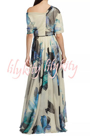 Unique Printed Bohemian Short-sleeved One-shoulder Maxi Dress