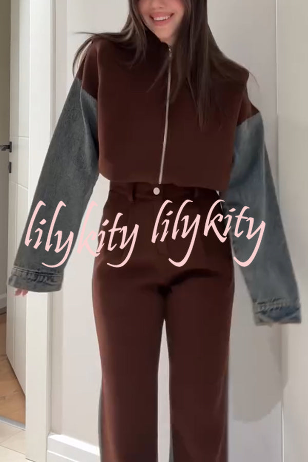 Sports Fashion Denim Patchwork Sweatshirt Fabric High Rise Pocket Loose Pants