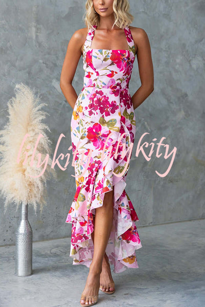Floral Fantasy Printed Halterneck Backless Slit Ruffles Maxi Dress