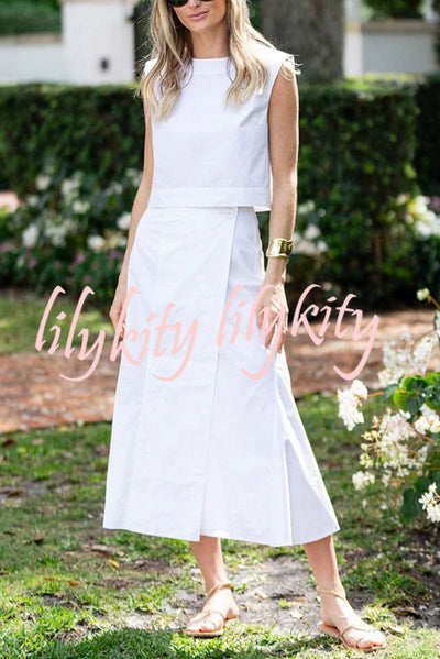 Linen Blend Crew Neck Sleeveless Crop Top and Buttoned Slit Midi Skirt Set