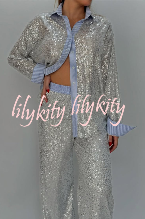 Fashion Sequined Loose Long-sleeved Shirt and Casual Elastic Waist Wide-leg Pants Set
