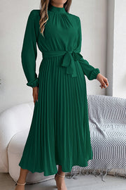 Elegant Stand-collar Long-sleeve Waisted Tie-up Pleated Midi Dress