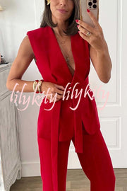 Keep It Classic V-neck Belted Vest and Mid Rise Pocket Wide Leg Pants Set
