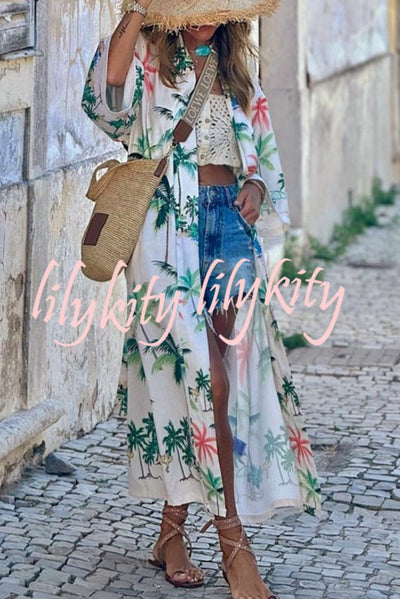 Resort Style Botanical Print Tie-waist Long Cover-up