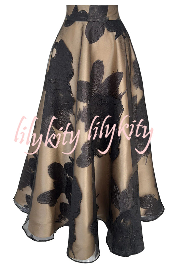 Chic Celebration Tulle Floral Pattern Jacquard High Rise Flared Maxi Skirt