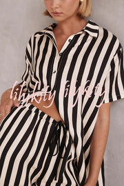 Erika Striped Casual Shirt and Elastic Waist Pocket Wide Leg Pants Set