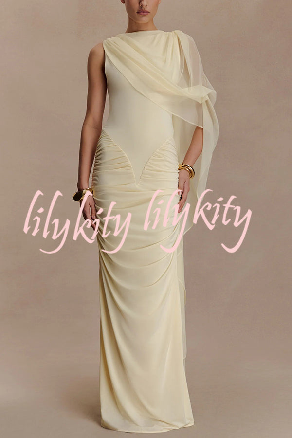 Fashionable Mesh Shawl Sleeveless Slim Fit Pleated Maxi Dress