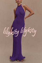 Effortless Charm Knit Halter Backless Fishtail Stretch Maxi Dress