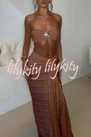 Fashion Metal Shell Embellished Sexy Bandeau and Elastic Tie Maxi Skirt Set