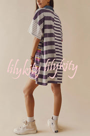 Contrast Striped Patchwork Denim Lapel Loose Casual Mini Dress