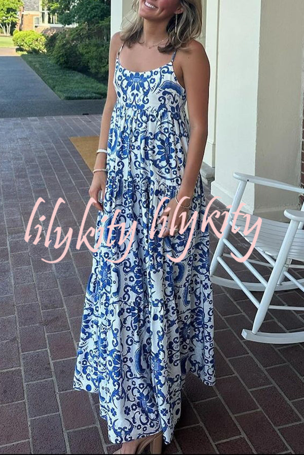 Botanical Floral Print Sexy Sling Backless Maxi Dress