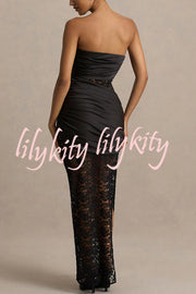 Dulcie Lace and Satin Patchwork Asymmetrical Pleats Bandeau Maxi Dress