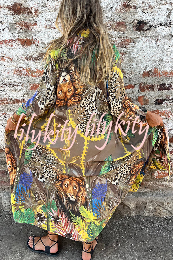 Jungle Miracle Animal Unique Print Button Long Sleeve Midi Relaxed Blouse