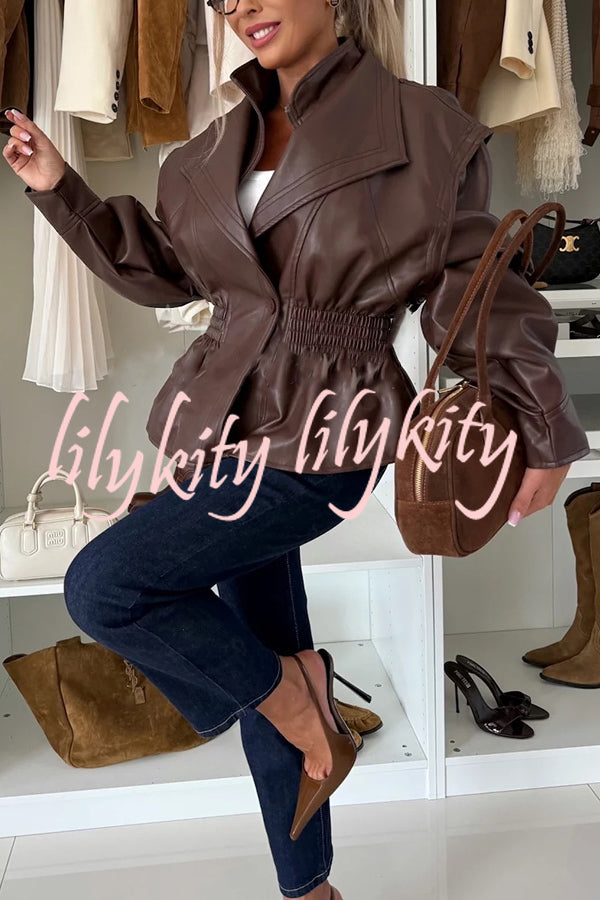 Play It Cool Faux Leather Single Button Elastic Waist Lapel Moto Jacket