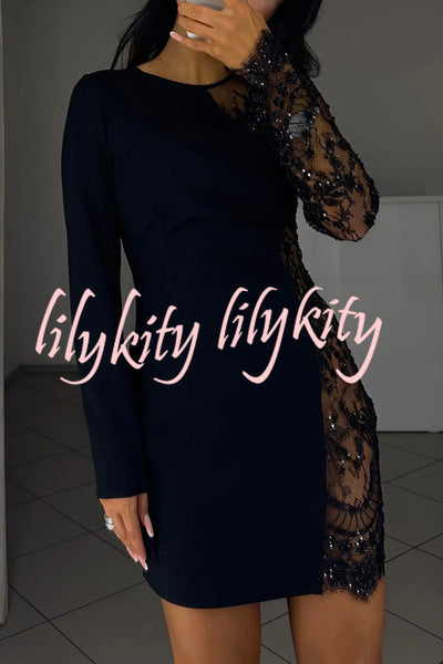 Cocktails First Floral Sequin Bead Patchwork Long Sleeve Mini Dress
