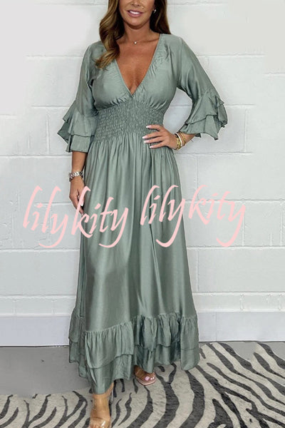 Solid Satin V-Neck Ruffle Sleeve Pleated Waist Maxi Dress