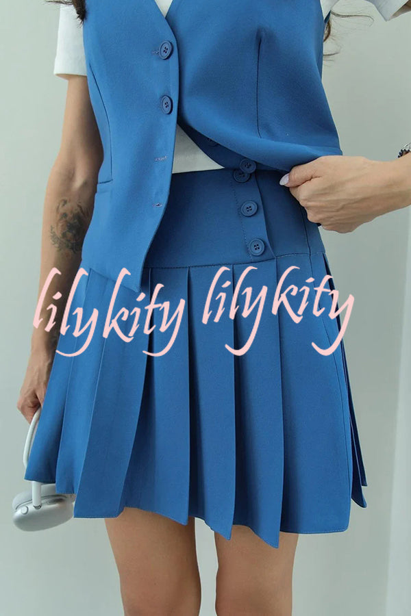 Solid Color Sleeveless Buttoned Vest and High-waisted Pleated Mini Skirt Set