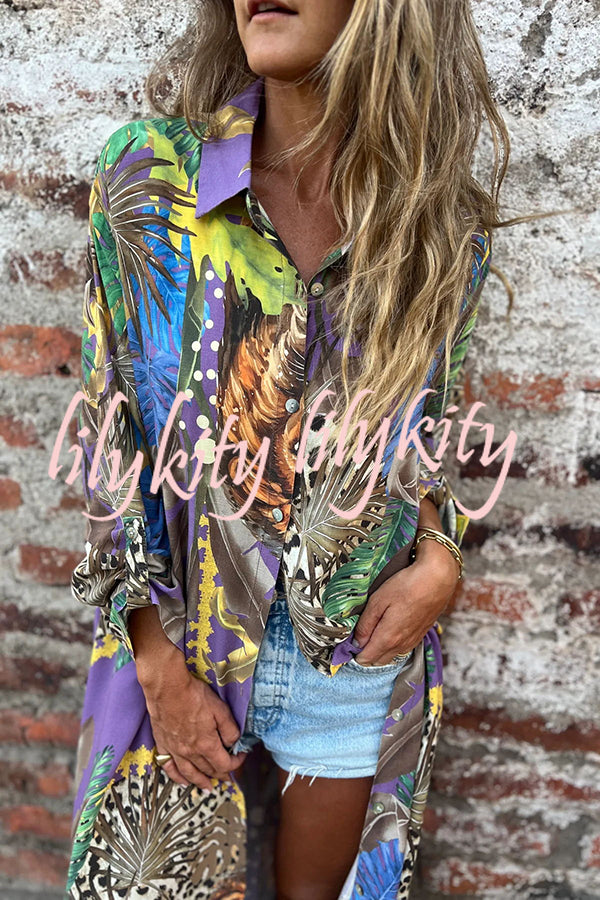 Jungle Miracle Animal Unique Print Button Long Sleeve Midi Relaxed Blouse