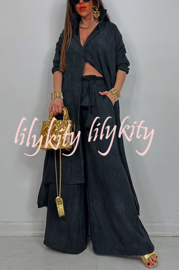 Solid Color Casual Loose Long Shirt and Elastic Waist Pocket Wide Leg Pants Set