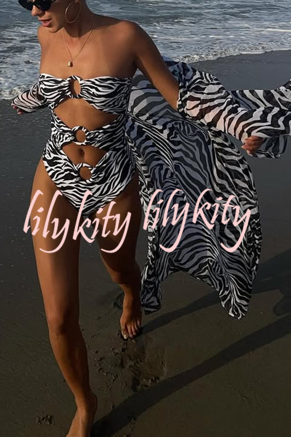 Marsie Zebra-print Ring Cutout Details Off Shoulder Stretch One-Piece Swimsuit