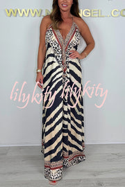Unique Print V-neck Open Back Loose Maxi Dress