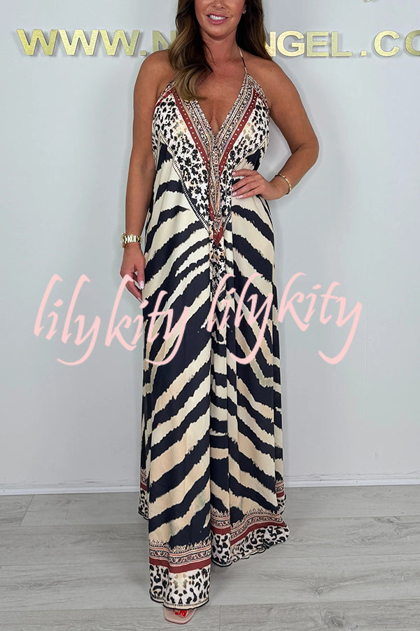 Unique Print V-neck Open Back Loose Maxi Dress