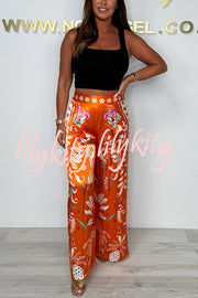 Satin Plant Print Elastic Waist Loose Wide Leg Pants