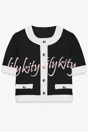 Fashionable Contrast Color Short-sleeved Button-down Top