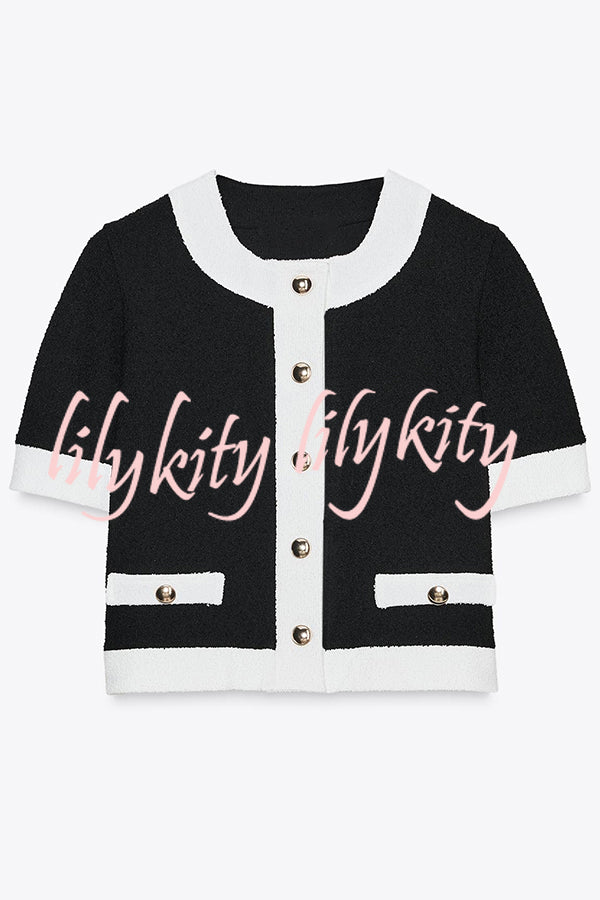 Fashionable Contrast Color Short-sleeved Button-down Top